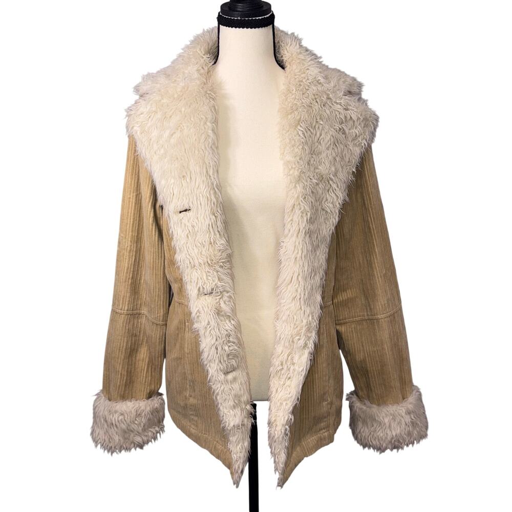 Vintage FU DA Penny Lane Corduroy Coat Jacket Faux Fur Trim Boho‎ 70s Y2K Medium